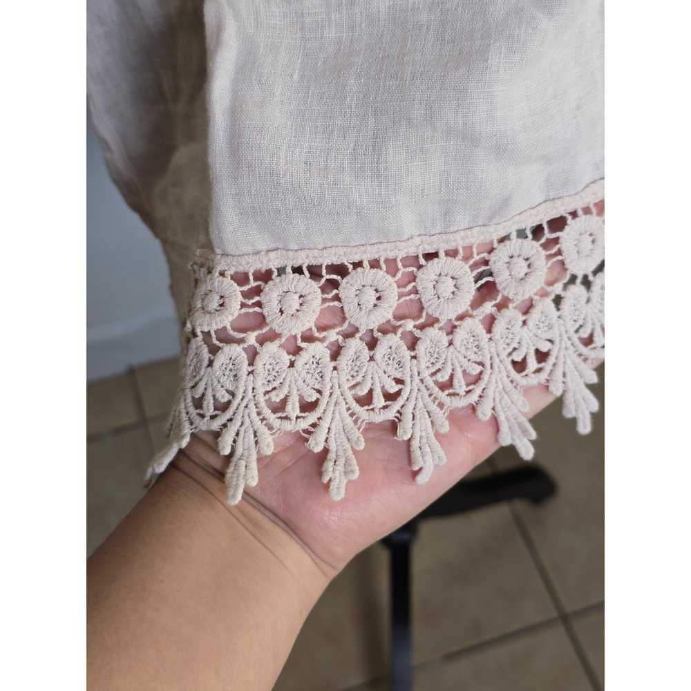 Terzo Millennio Women's Linen Top Size M Ivory Lace Hem Short Sleeve euro summer - Picture 3 of 6